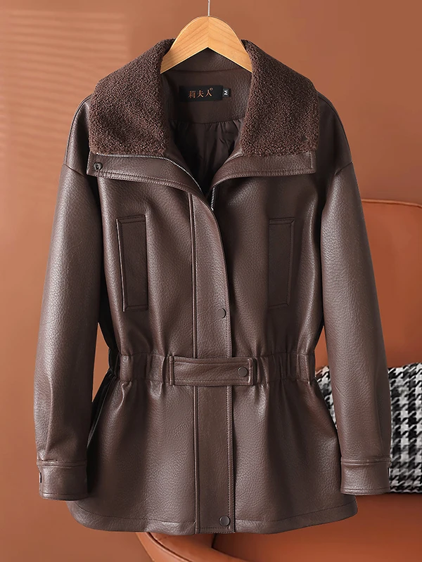  Ning Genuine Leather down Jaet Women's Mid-Length Thiened Winter New Sle Waist-Cinching Slimming Biker Coat