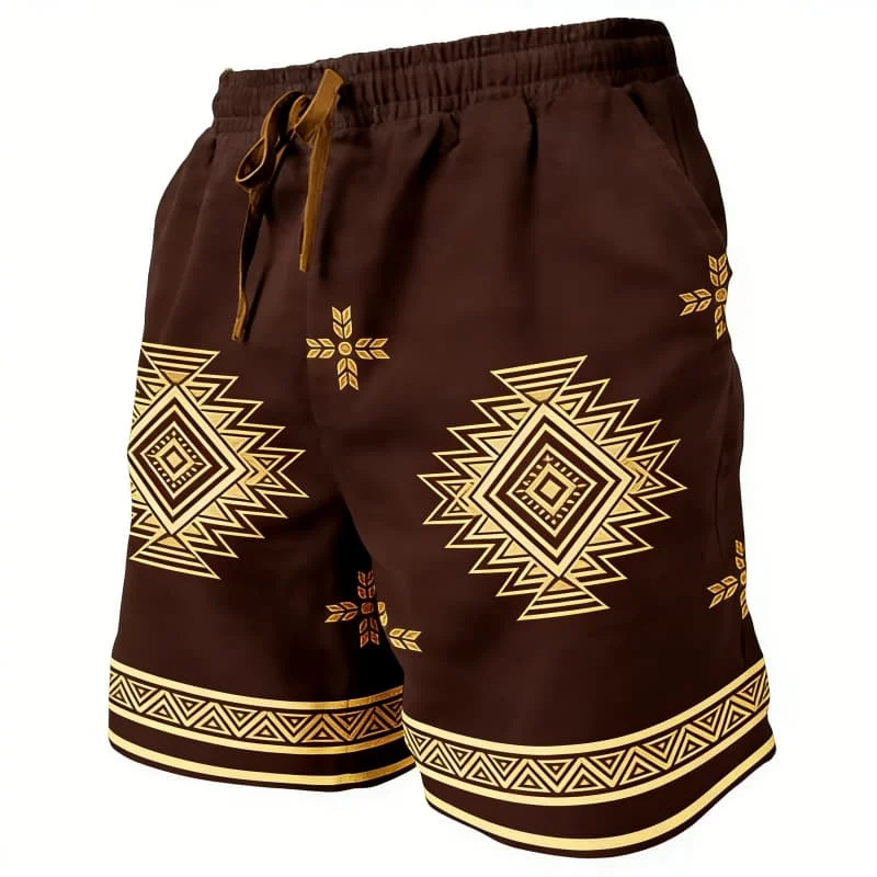 

Мужские повседневные стильные шорты с этническим геометрическим принтом, модные повседневные шорты для летнего отдыха и пляжных поездок