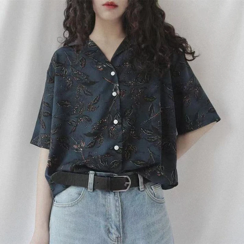 MEXZT Vintage Harajuku Print Shirt Women Summer Streetwear Short Sleeve Oversize Blouses Korean Fashion Elegant Casual Top New