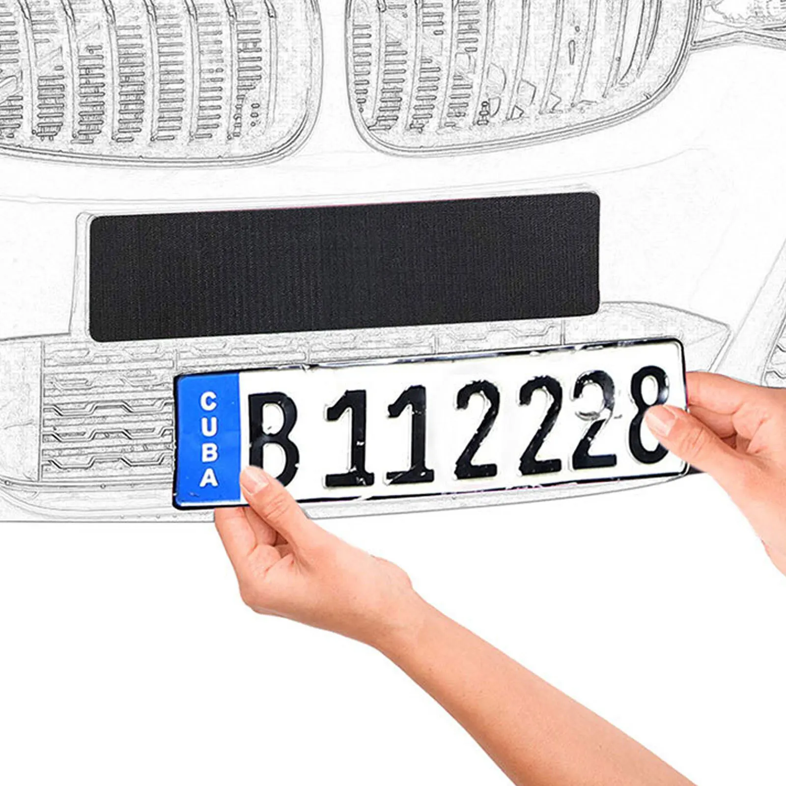 

2 пары автомобильных номерных знаков, прочные ремни на крючках и петлях, двухсторонняя клейкая лента, фиксирующая полоса