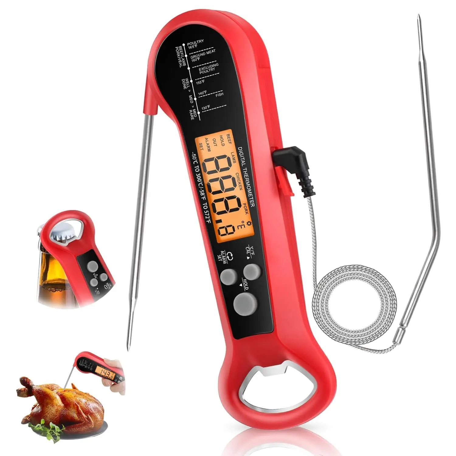 Professionelles Digitales Fleischthermometer Wasserdicht mit 2 Sonden Langes Kabel Sofortablesung Küchen-Kochthermometer