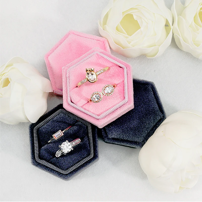 Soft Velvet Wedding Double Ring Box Ear Stud Jewelry Box Colorful Geometric Hexagonal Jewelry Packaging Box For Women Girls