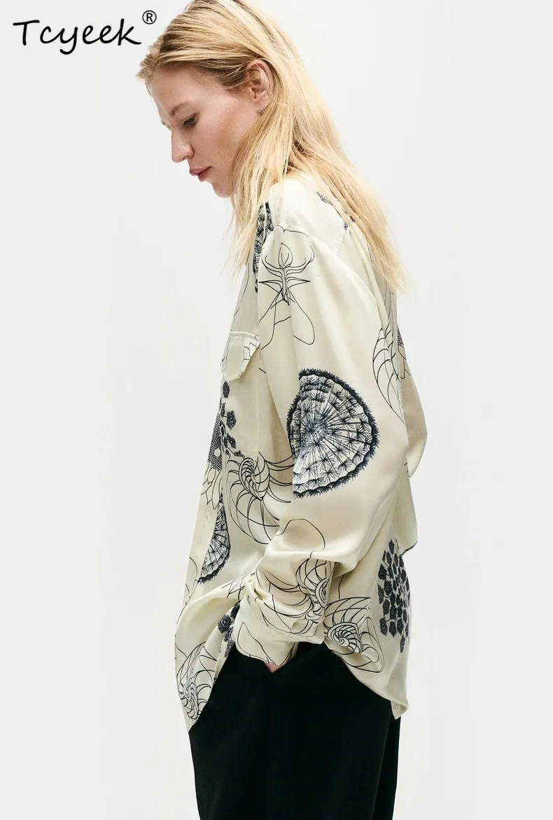 

Tcyeek 19MM 100% Real Silk Print Shirts, Women's Double Pocket Sand Wash Blouses,Satin Long Sleeves 2025 Summer AutumnT54501JF