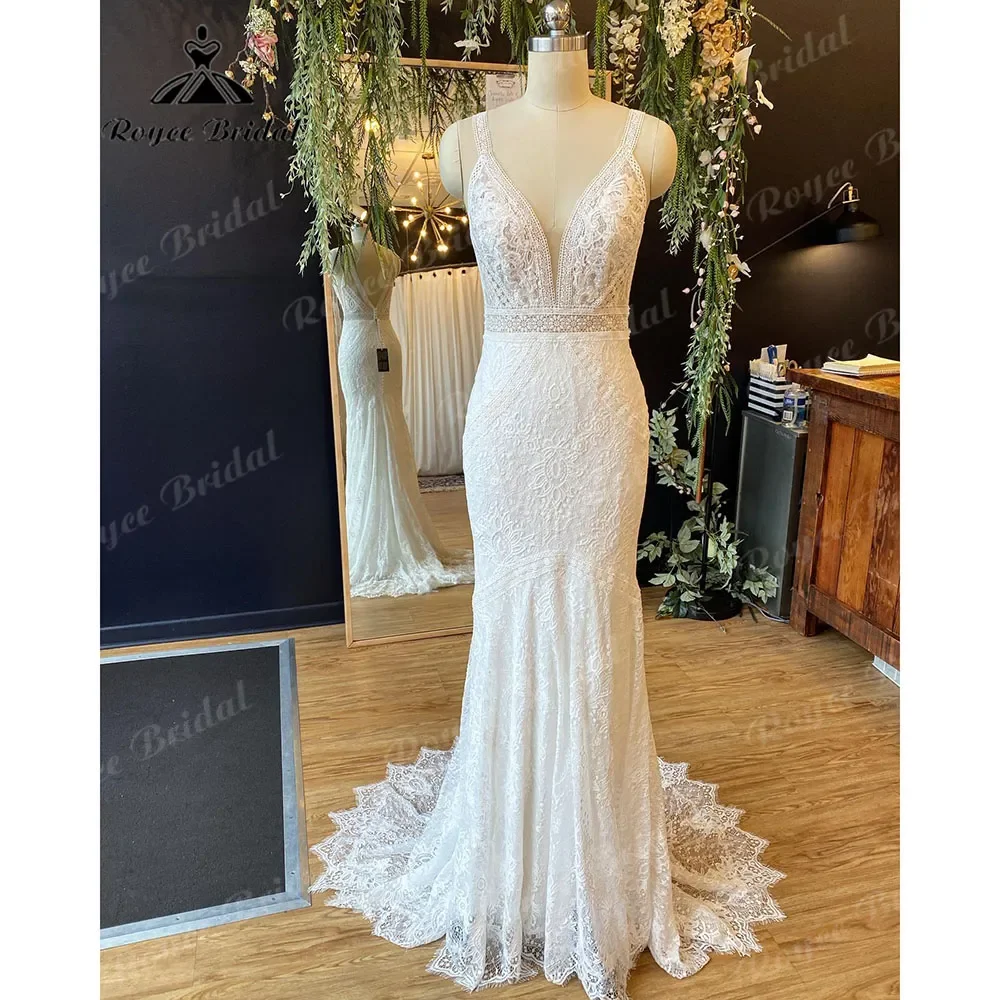 

Roycebridal Full Lace Mermaid Backless Wedding Dress with V Neck Lace Appliques Open Back Bridal Gown Robe Mariee