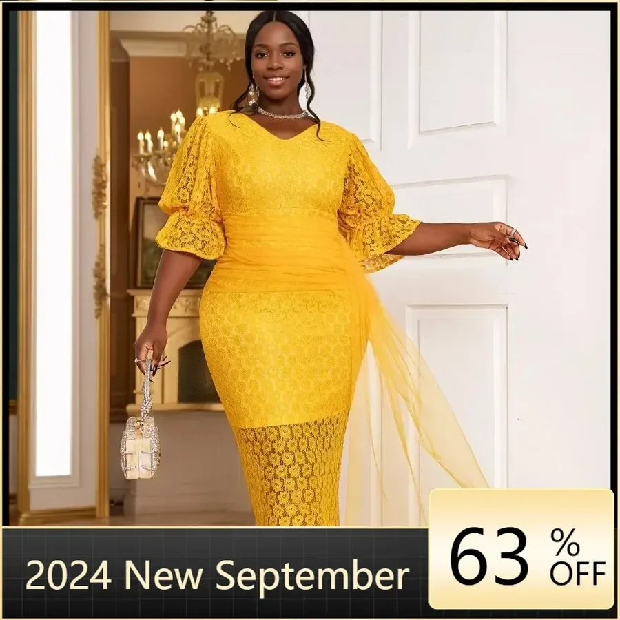 

Customized Dashiki African Dresses for Women Autumn Elegant African Half Sleeve V-neck Lace Party Evening Long Maxi Dress Yellow