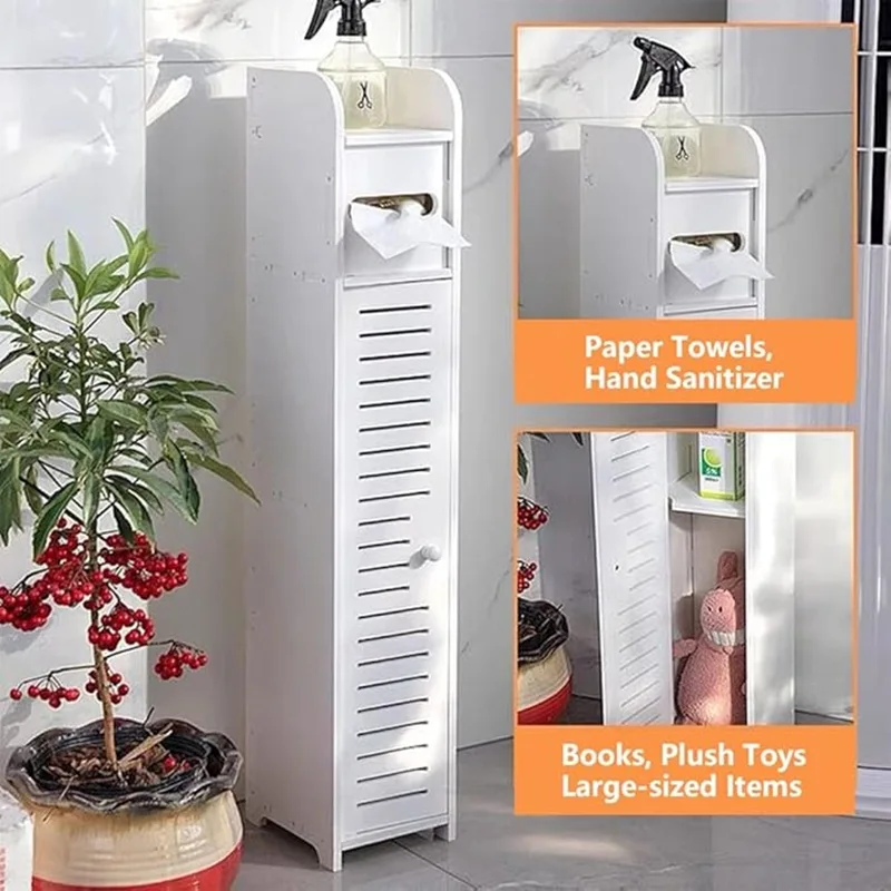 Bathroom Storage Cabinet 1 door 3 floors Floor Cabinet Organizer  Free-Standing Toilet Holder With Paper Tissue Sundries Storage