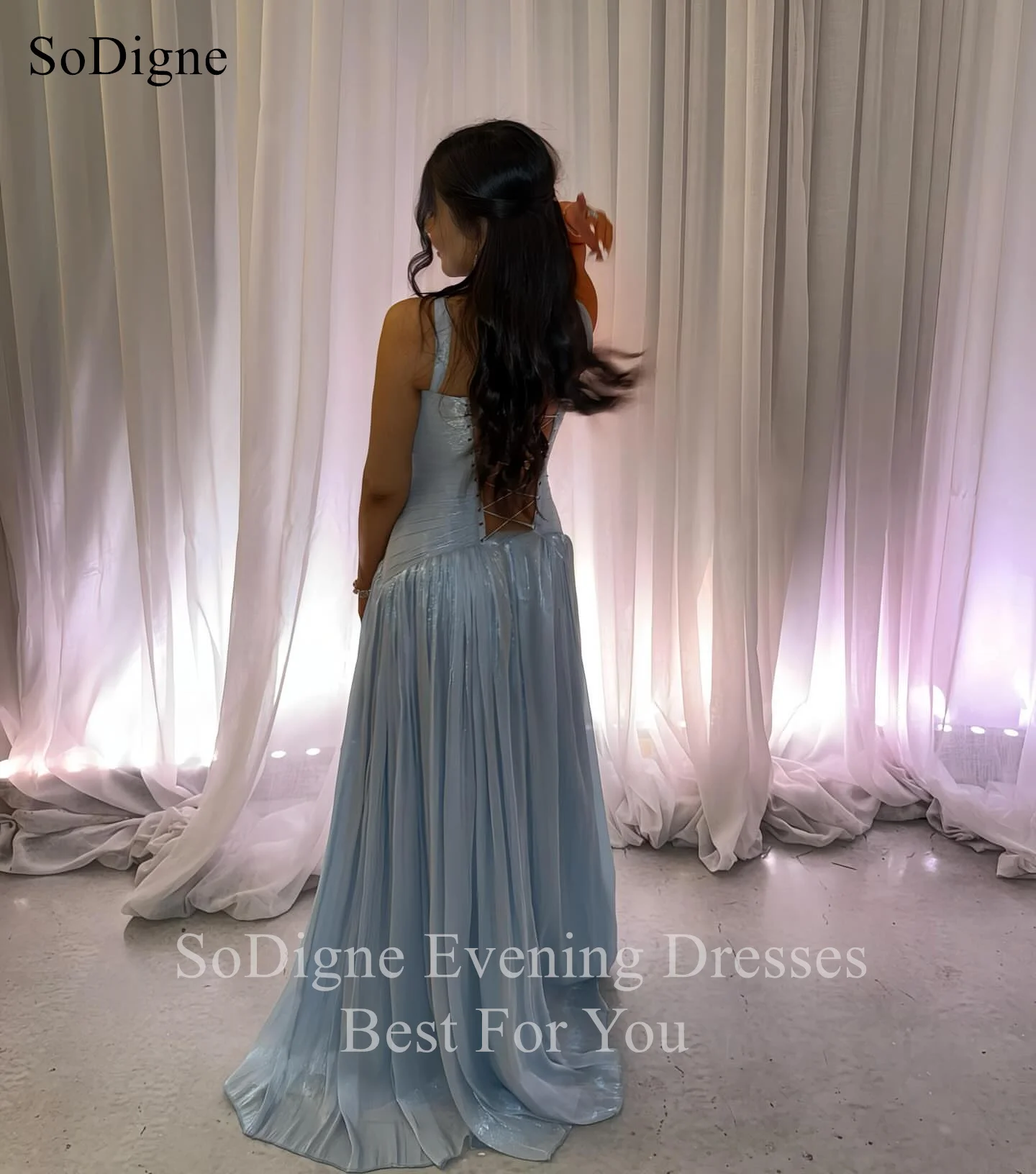SoDigne – robe de bal trapèze bleue Chic, tenue de soirée drapée, Sexy, col en v, longueur au sol, robes de Cocktail personnalisées