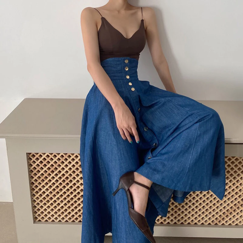 Chic Sexy V-Neck Knitted Crop Top High Waist Single Button Flared Denim  Skirt Fashionable Summer Outfit for Young Women view 3