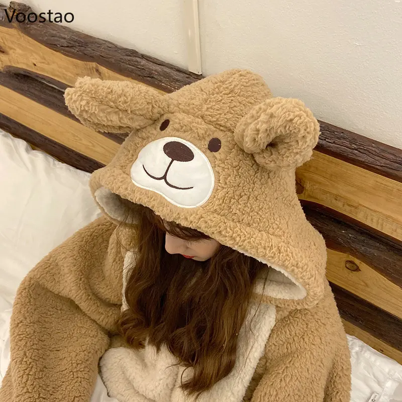 Cartoon Bear Ears Hooded Onesies Women Warm Cute Pajamas Autumn Winter Kawaii Female Nightwear Jumpsuit Coral Fleece Homewear