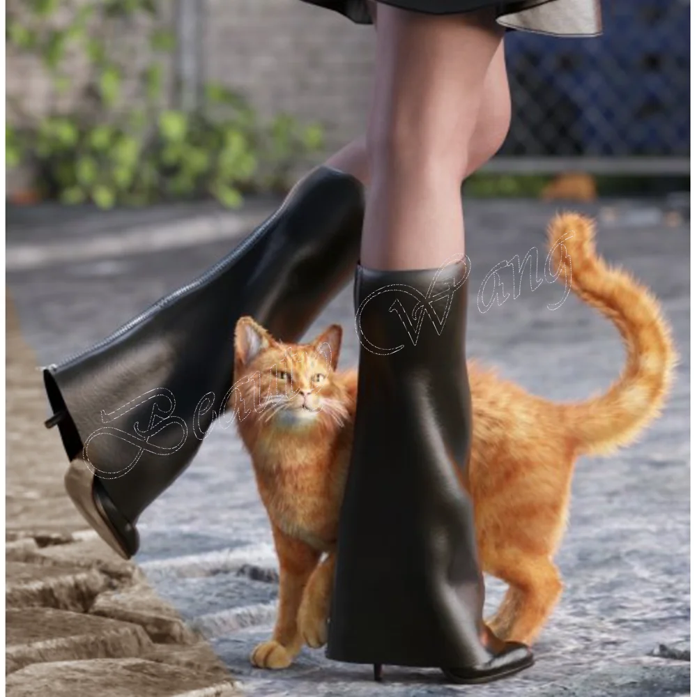 

Black Turn Over Shark Boots Solid Knee High Cover Heel Stilettos High Heels Women Shoes 2023 New Big Size Zapatos Para Mujere