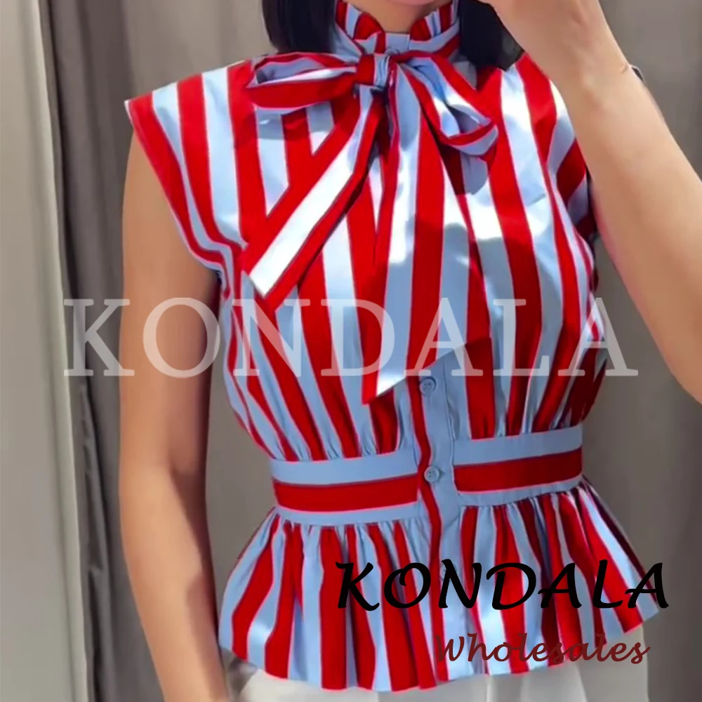 KONDALA Chic Striped Y2K Women Blouse Summer Streetwear Straight Vest Casual Fashion 2026 High Street Bow Female Elegant Shirt