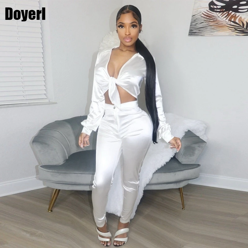 Elegant White Two Piece Set Women Top and Pants Suit Sexy Party Club Outfits for Women Co Ord Set Women Fall Matching Sets