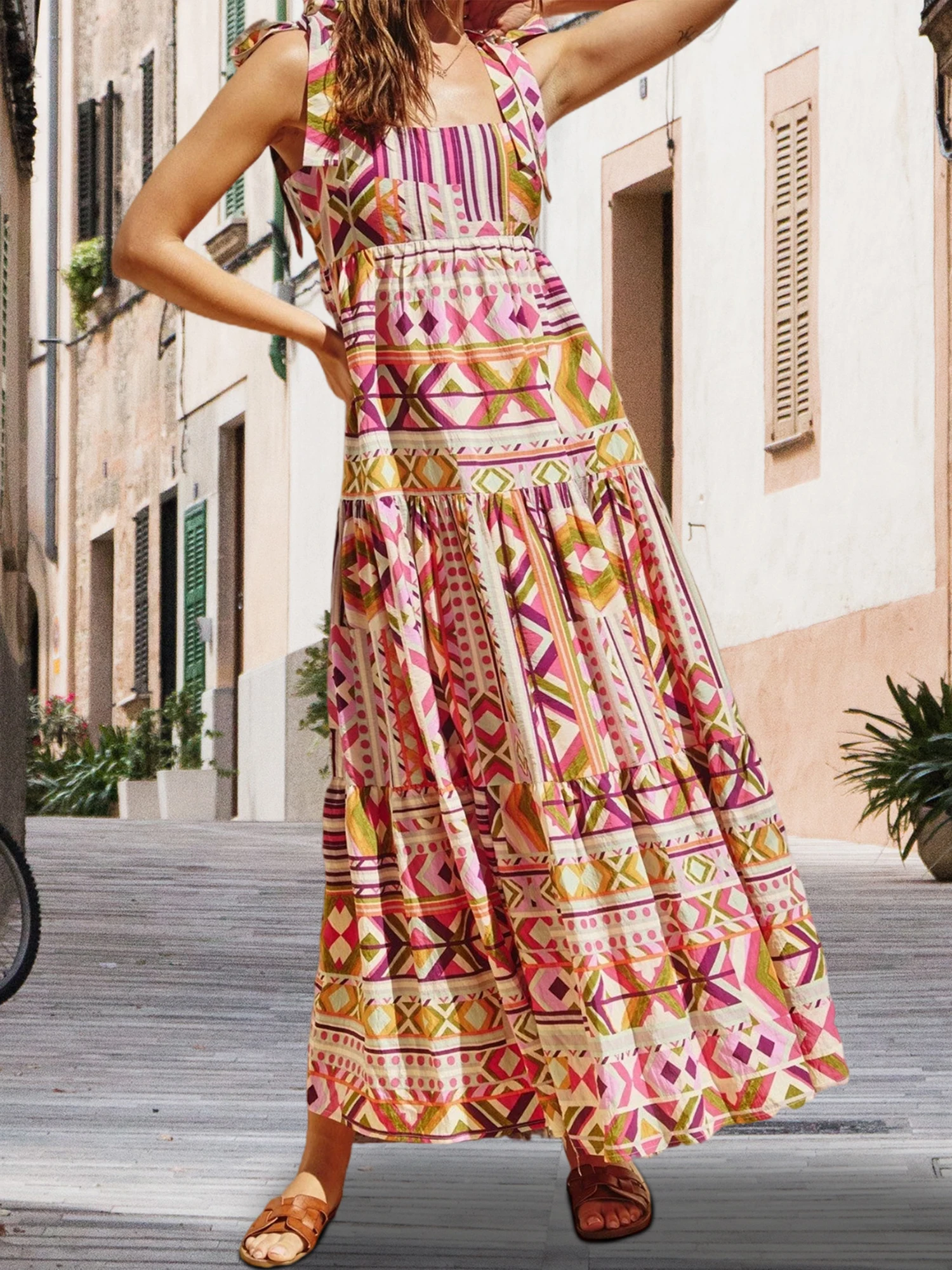 여성 여름 긴 캐미 드레스 민소매 타이 어깨 스퀘어 넥 Boho 패턴 프린트 비치 드레스