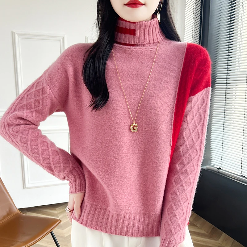 

Color matching fashion turtleneck pullover sweater for women 24 autumn and winter new 100% Australian pure woolen sweater twiste