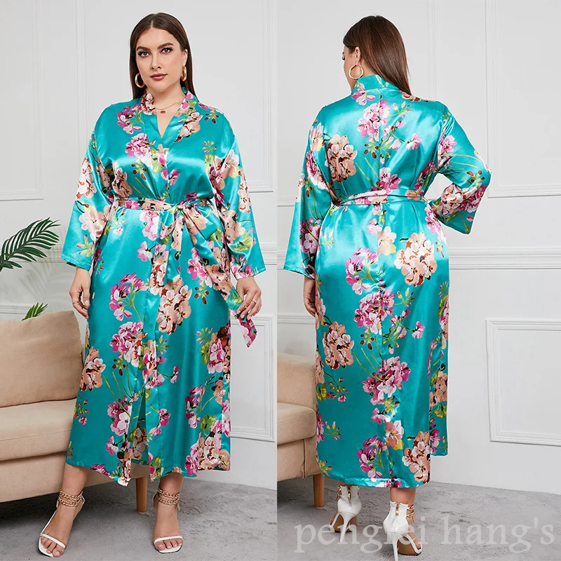 Satin Long Sleeve Bathrobe for Women Big Size 4Xl 5Xl Nightgown Sexy V-Neck Kimono with Belt Loose Home Wear Sexy Print Robe