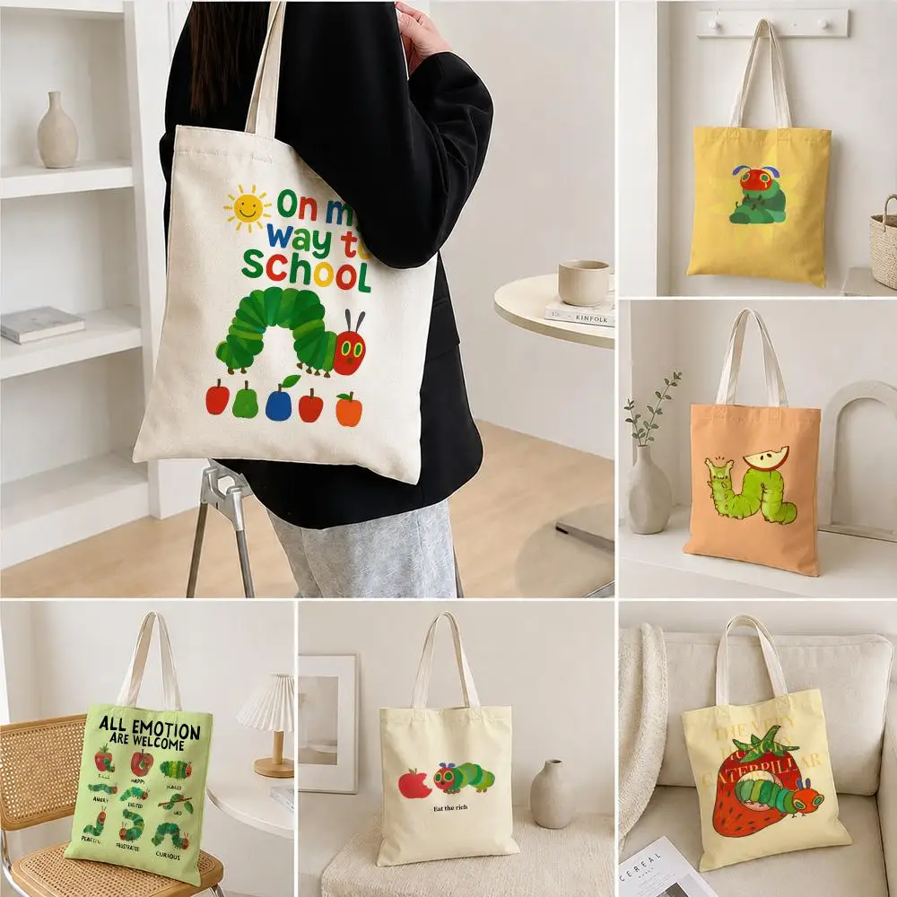 Character The Very Hungry Caterpillar Storage Bags Polyester Canvas Foldable Tote Bag Lightweight Reusable Shopping Shoulder Bag