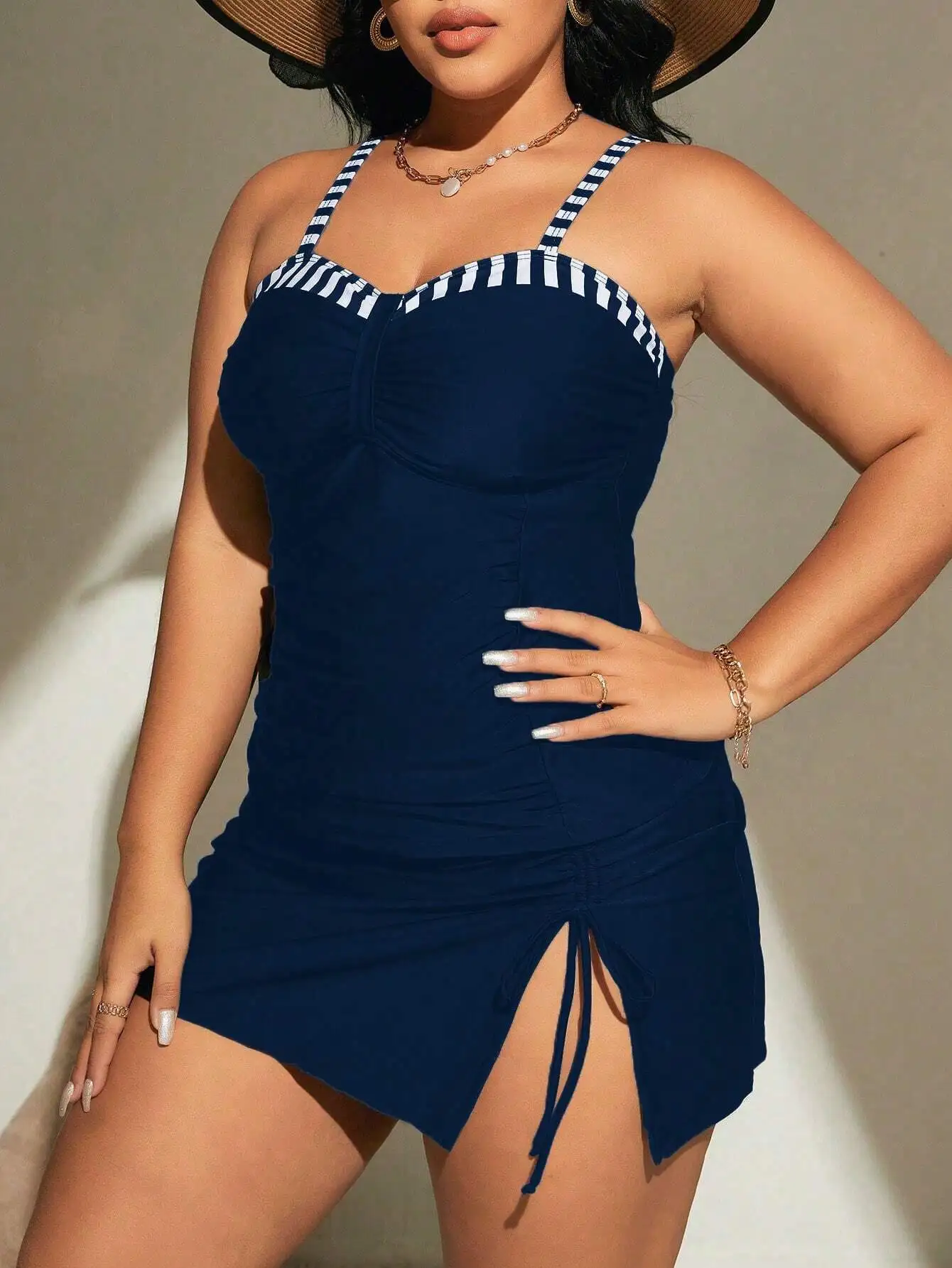 

Plus Size Navy Blue Striped Ruched Tankini Swimsuit With Side Tie