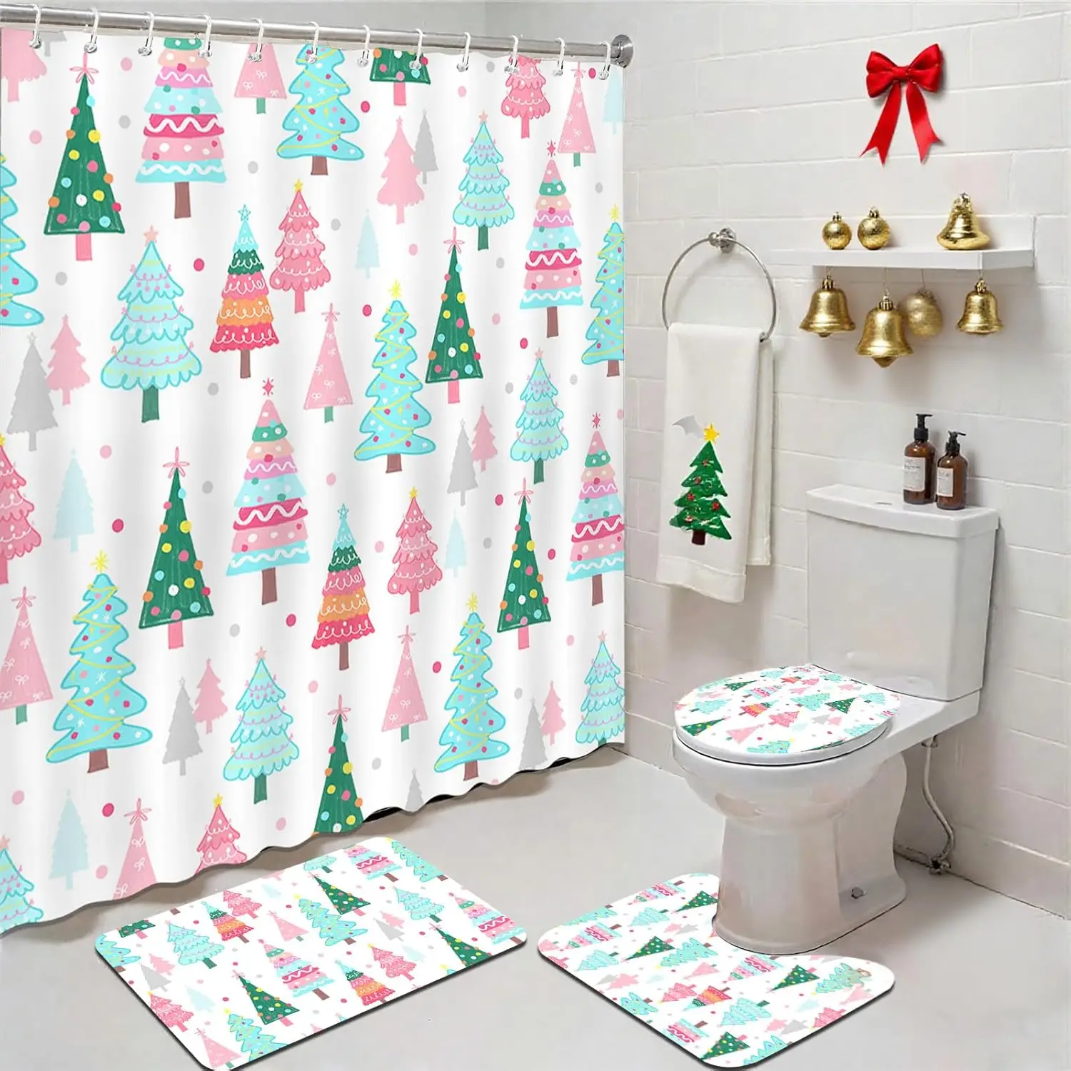 

4 шт., набор занавесок для душа с рождественскими елками, набор занавесок для душа с милыми рождественскими елками и нескользящими моющимися ковриками для ванной, крышкой для унитаза