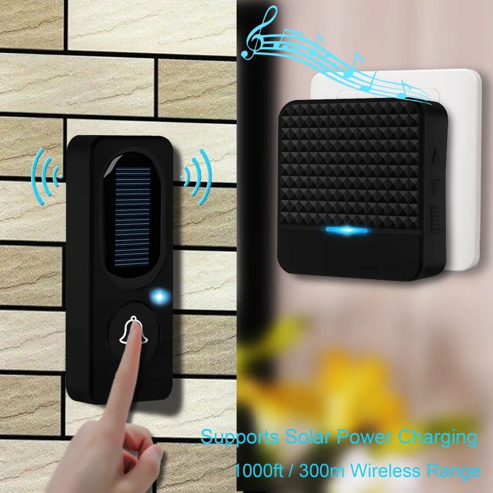 ไร้สาย 300 M Long Range พลังงานแสงอาทิตย์กันน้ํา IP65 Doorbell พร้อมเครื่องส่งสัญญาณ + EU US Plug Receiver กระดิ่งประตูชุด