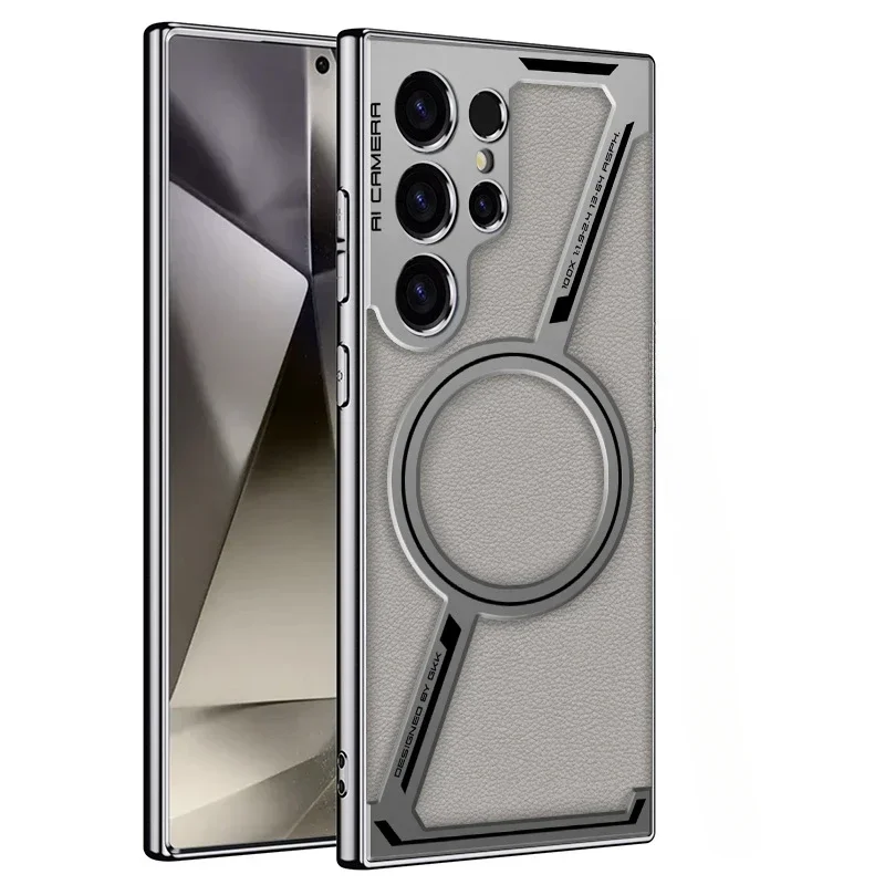 Für kabelloses Laden, magnetische galvanisierte Leder-Handyhülle für Samsung Galaxy S25 S24 S23 Ultra, schützende Rückseite