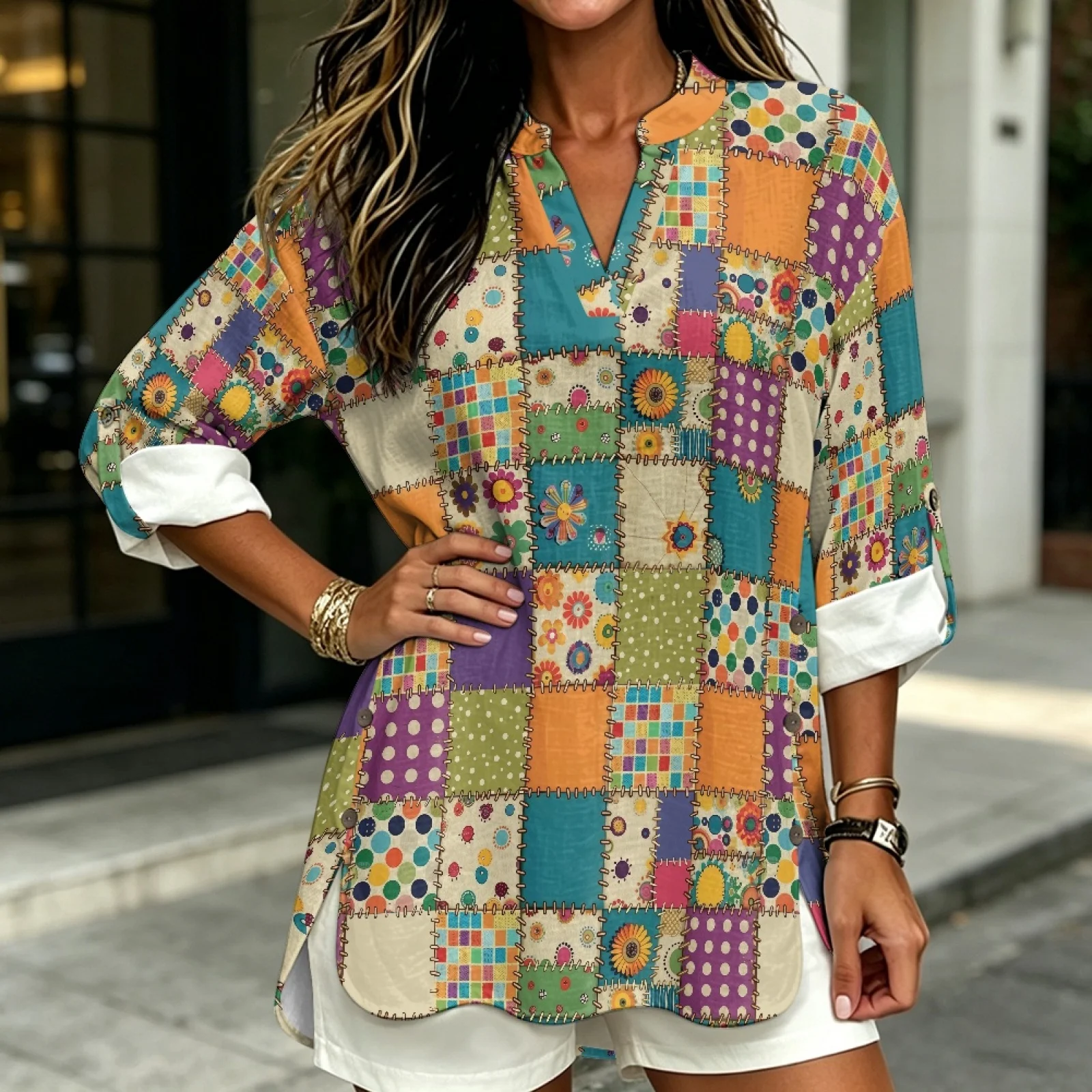 PENSTROLL Colorful Quilt Design 3/4 Sleeve Casual Blouses for Beach Vacation Linen Like Long Sleeve Blouse Sizes S-5XL