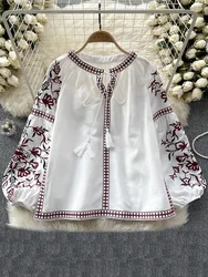 Women's Retro Blouse National Style Embroidered Lace-Up Tassel V-Neck Lantern Sleeve Tops Loose All-Match Female Blusa A02