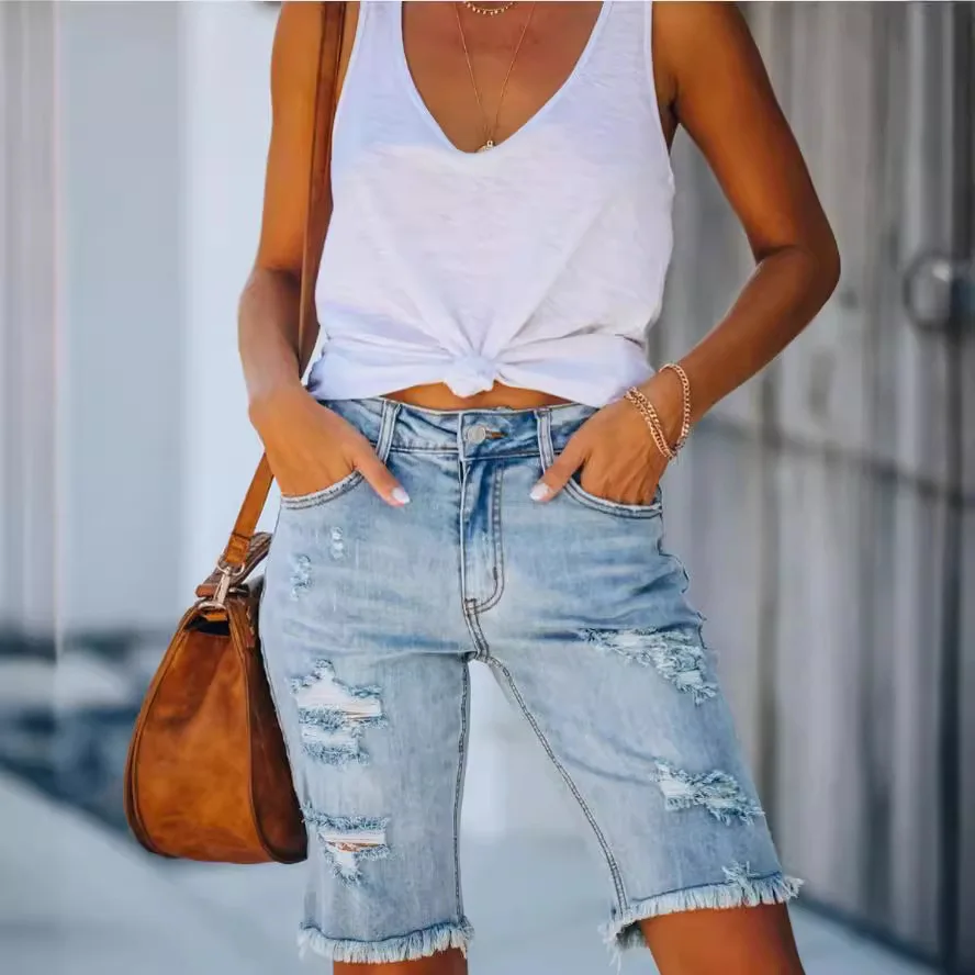2025 Summer Washed Holes Washed Cotton Women's Denim Shorts Europe and America
