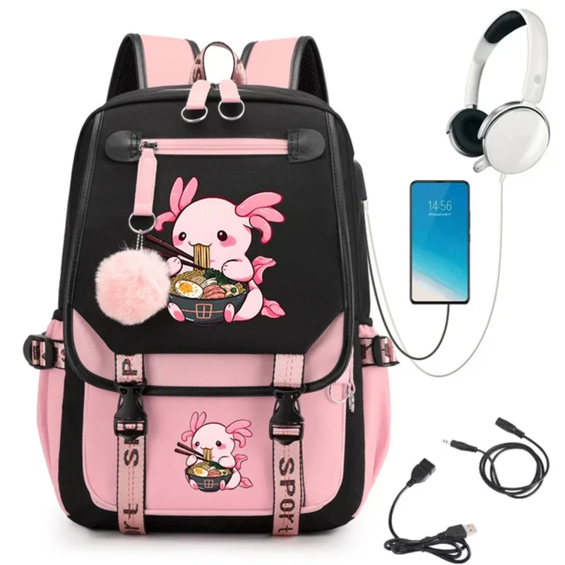 Axolotl jedzenie ramen makaron kreskówka tornister dla dzieci Anime Bookbag plecak studencki USB ładowanie dziewczyny plecak dla nastolatków