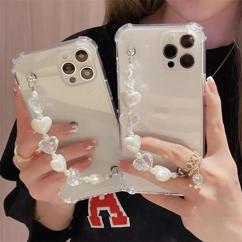 Laser Love Heart Crystal Wrist Chain Phone Case For iPhone 15 14 13 Pro Max XSMAX 11 Pro Max XR XS 7 8 Plus Clear Soft TPU Cover