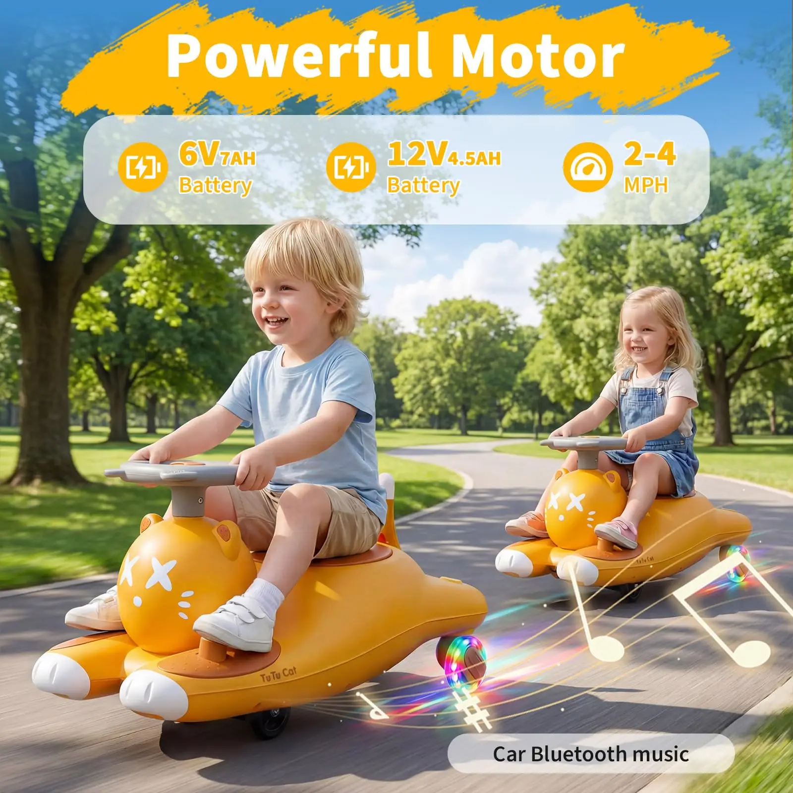 6V/12V Electric Wiggle Ride-On Car for Kids - Cat-Shaped 2-in-1 Battery Powered Toy with Pedal - LED Flashing Wheels, Swing & Twist Modes, Indoor/Outdoor Toys