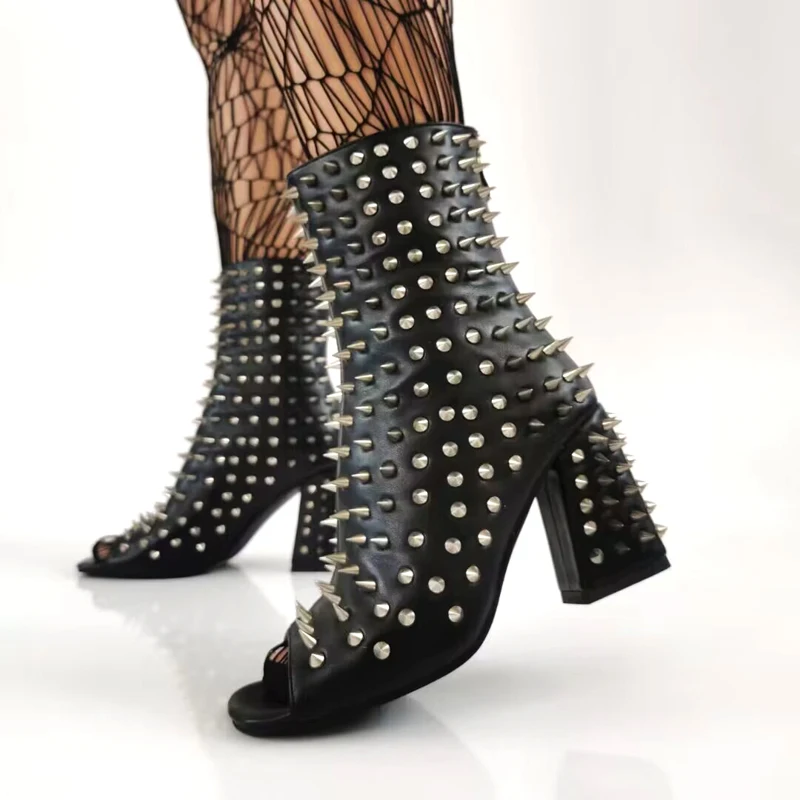 

Full Metal Rivets Studs Peep Toe Ankle Boots Chunky High Heels Zipper Back Anti-Pervert Spikes Club Punk Booties Woman