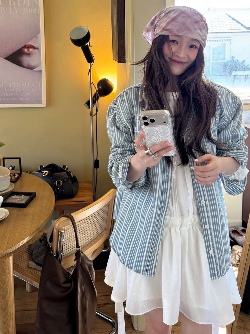 

Loose Mid-Length Vertical Striped Denim Shirt Cardigan Coat Women's Spring New Style Vintage Loose Fit Women's Long Sleeve Shirt