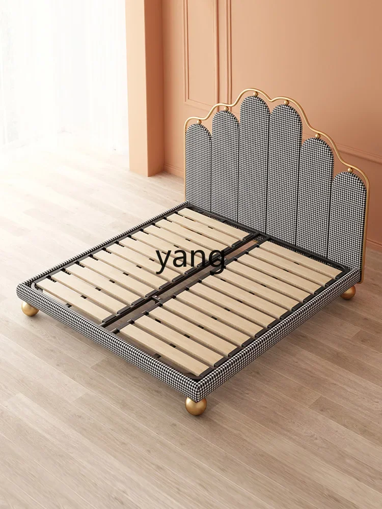 YJQ double solid wood row skeleton soft bag thousand bird grid modern simple fabric master bedroom bed