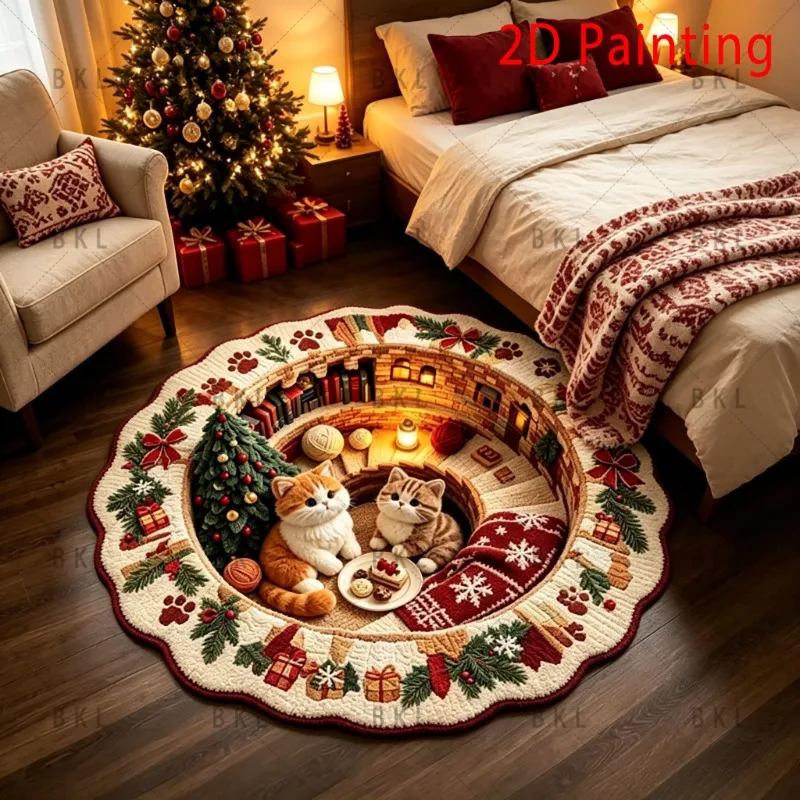3D Cat Bookshelf Tunnel Round Rug Orange Tabby Kitten Scene Cozy Home Decoration