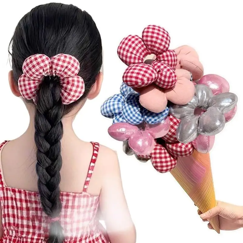 1 Stück Haargummis in Blumenform, kariert, Denim, glänzend, weicher Stoff für den täglichen Gebrauch, Partys, Schule, Mädchen, Haarstyling – Detail 11