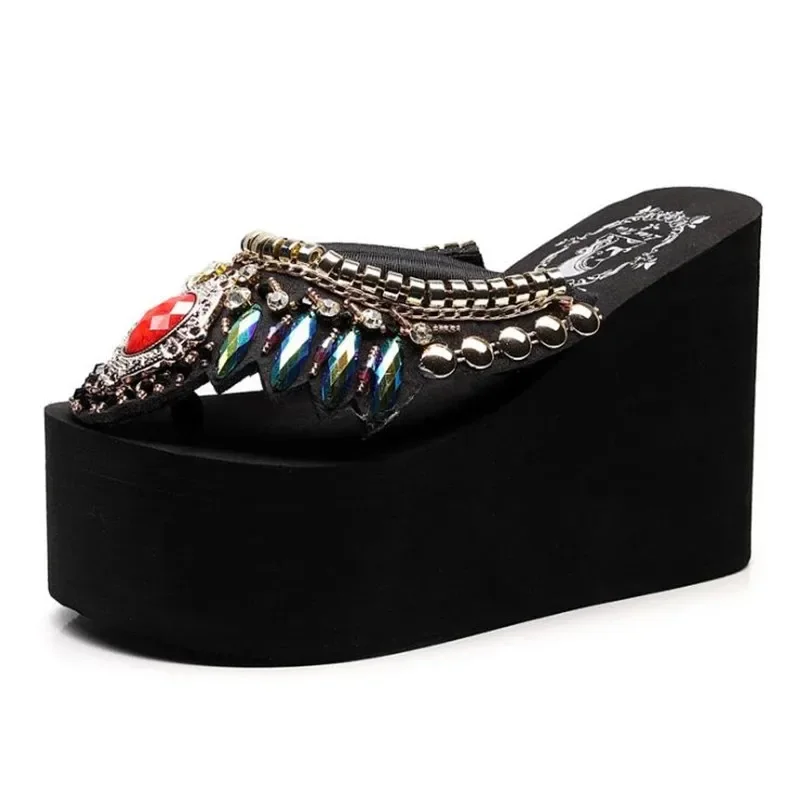 YAERNI Platform Slippers Flip-Flops Women Wedge Rhinestone Beach Super High Heel 11CM Slippers For Women Bohemian ShoesPlus Size