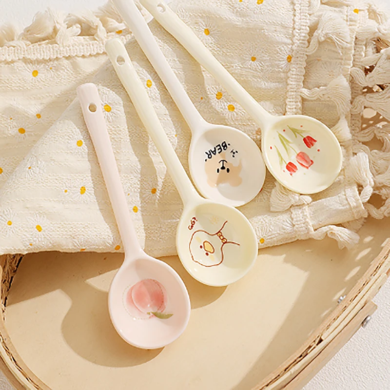 1PC Ceramic Soup Spoon Cereal Spoon Cute Household Tableware Painted Coffee Spoon Jam Spoon Gift Dessert Scoop Kitchenware