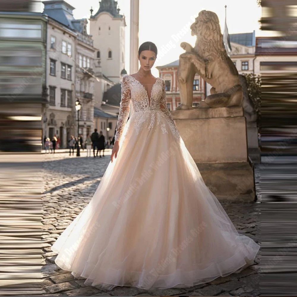 

Elegant A-Line Women Wedding Dresses Fascinating Lace Printing Bride Gowns Princess Cocktail Party Vestidos De Novias Customized