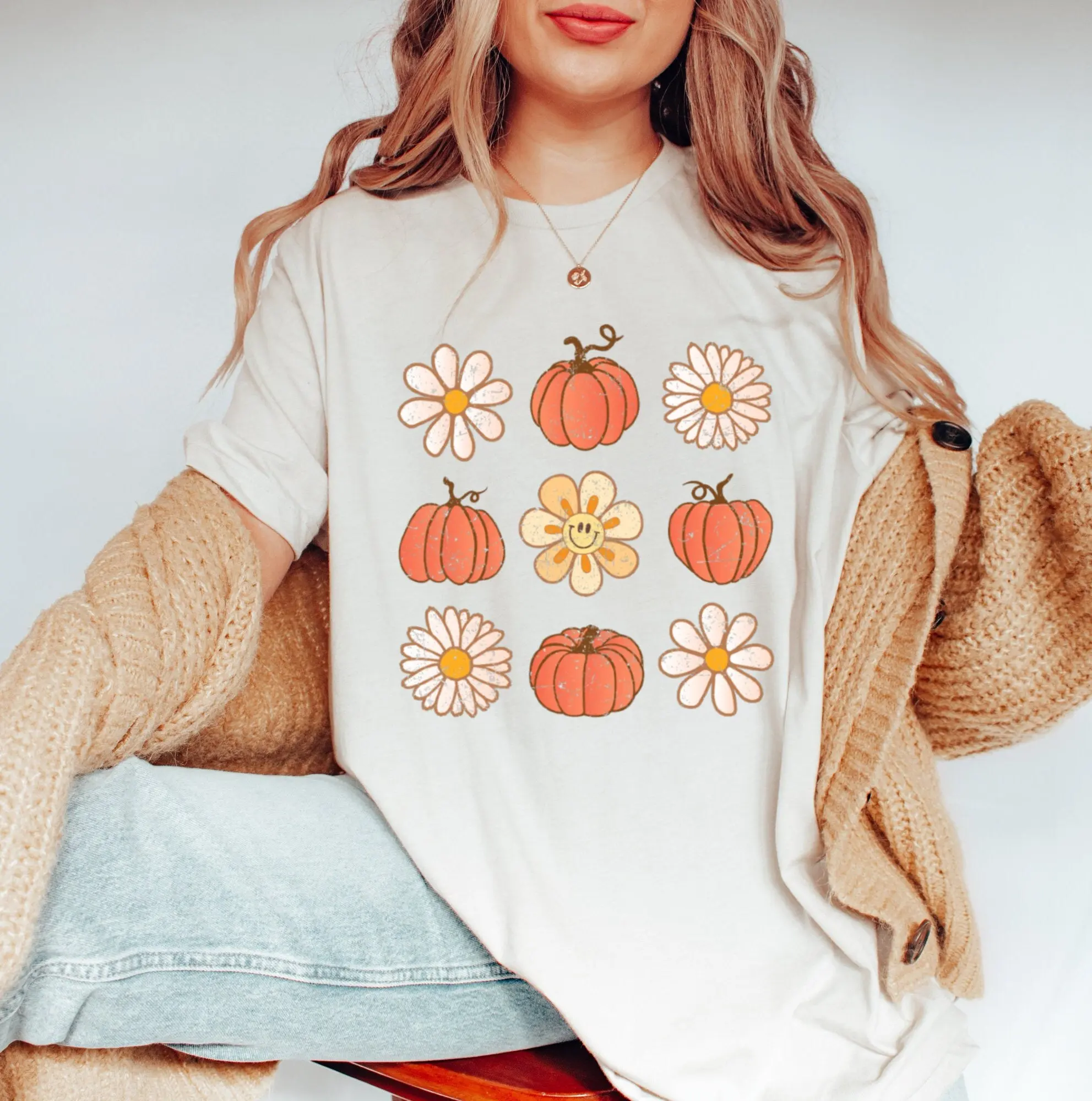 Fall Pumpkin T Shirt Season Pumpkins And Flowers Thanksgiving Groovy Halloween Autumn Vibes For Women