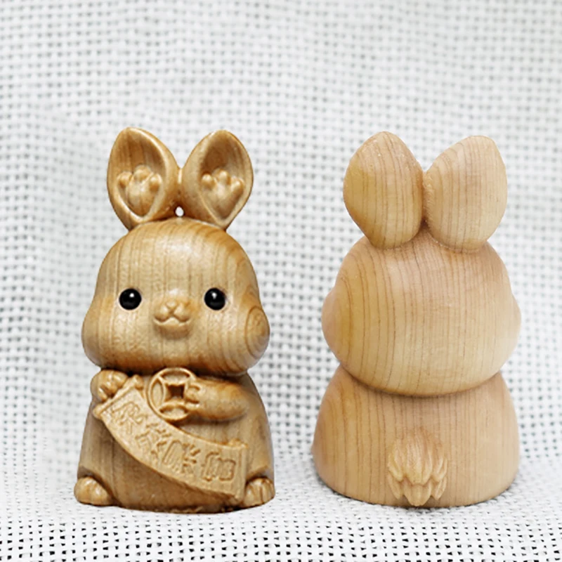 Mini Wood Carving Easter Rabbit Ornaments Zodiac Statue Lucky Rabbit Animal Decor Office Desktop Decor Car Decoration Party Gift