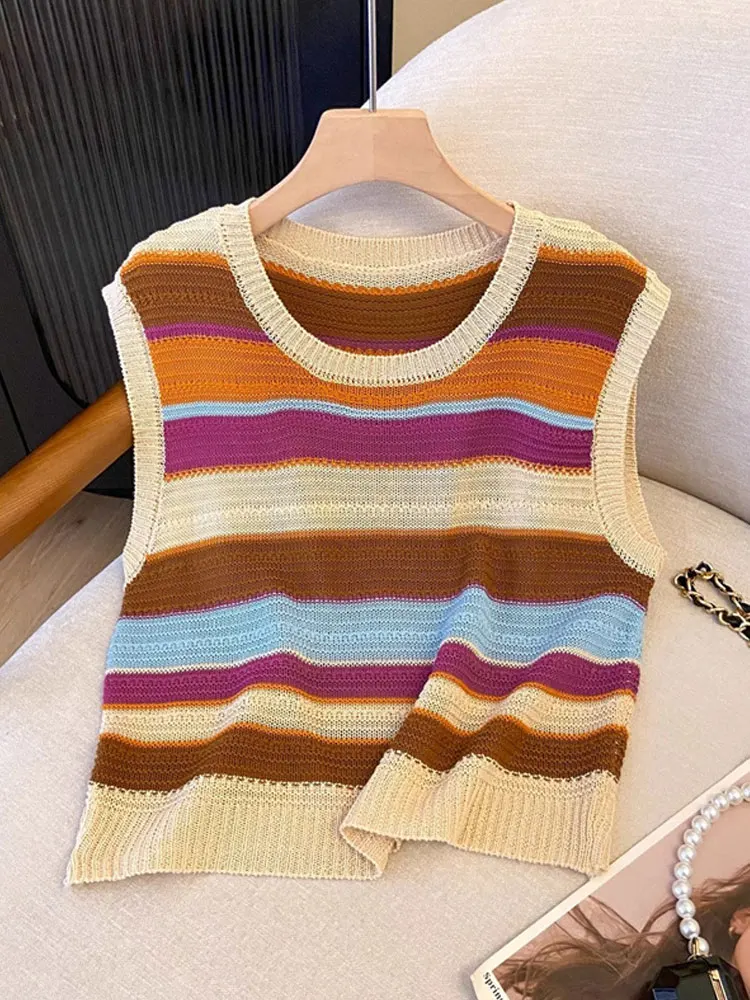 

Retro Striped Knitwear Women's Summer Design Thin Hollow Sleeveless Loose plus Size Slimming T-Shirt Korean Style High Waist