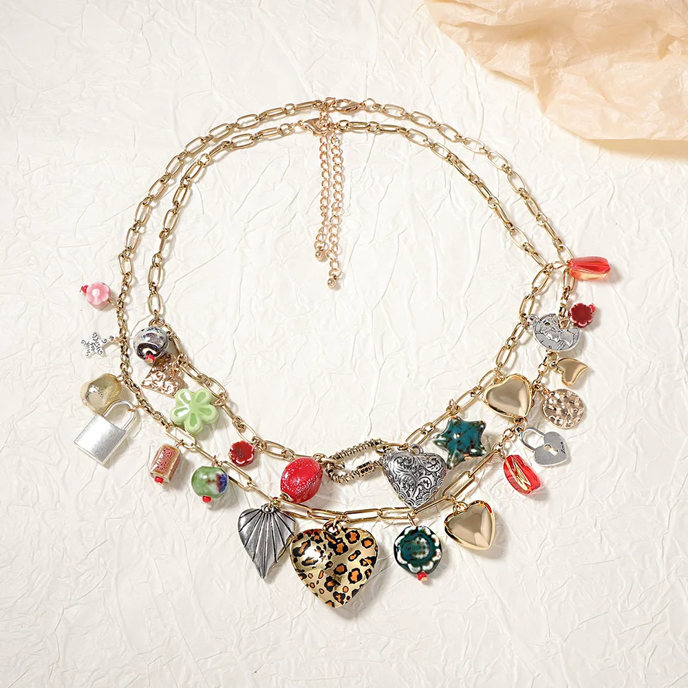 Bohemia Trend Vintage Necklace Vacation Chic Double Layered Alloy Multiple Pendant Necklace Beach Party Jewelry Accessories
