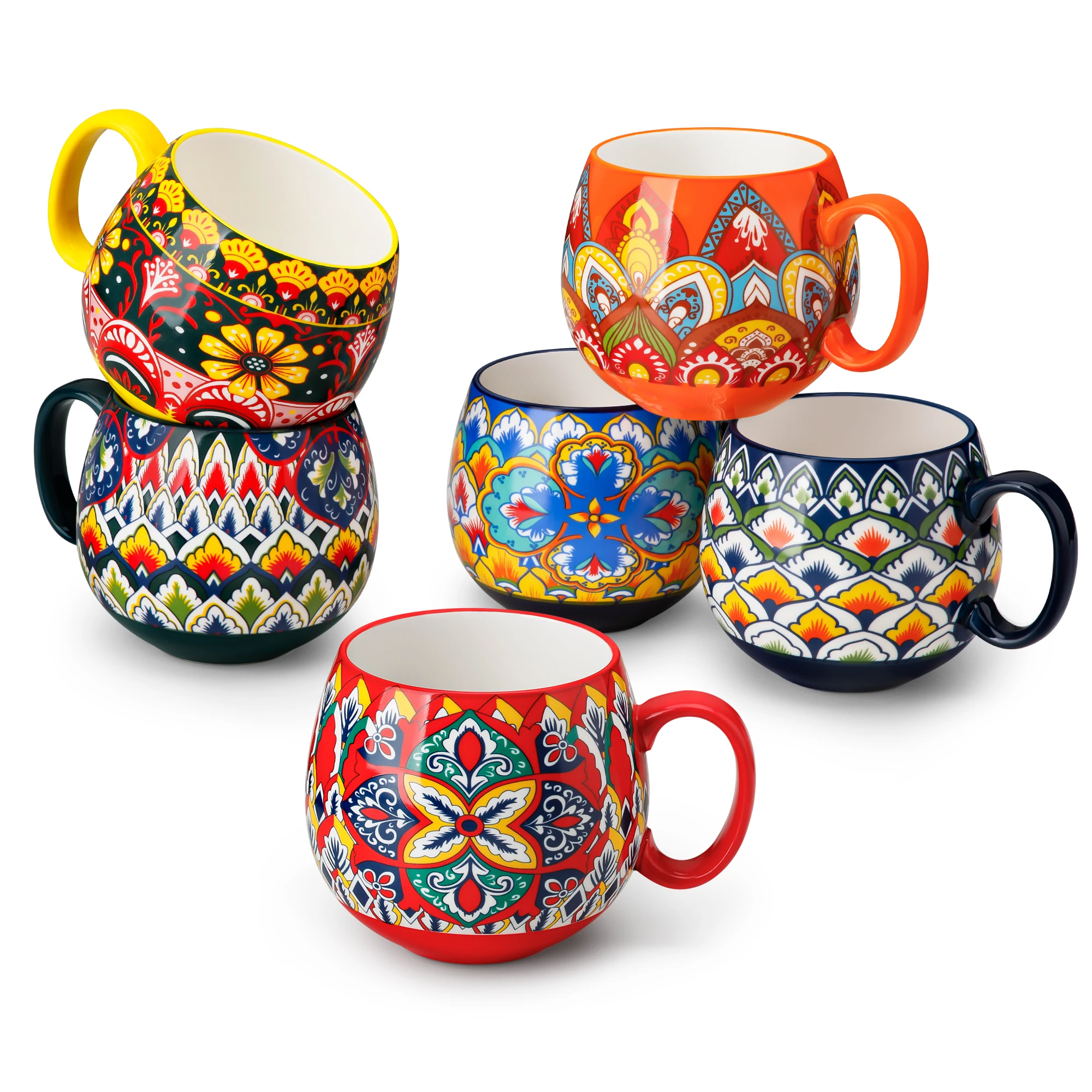 Set di 6 tazze da caffè in ceramica Vancasso, capacità 18 once (540 ml), con decorazioni colorate, ideale per latte, caffè, cappuccino, tè e cioccolata.
