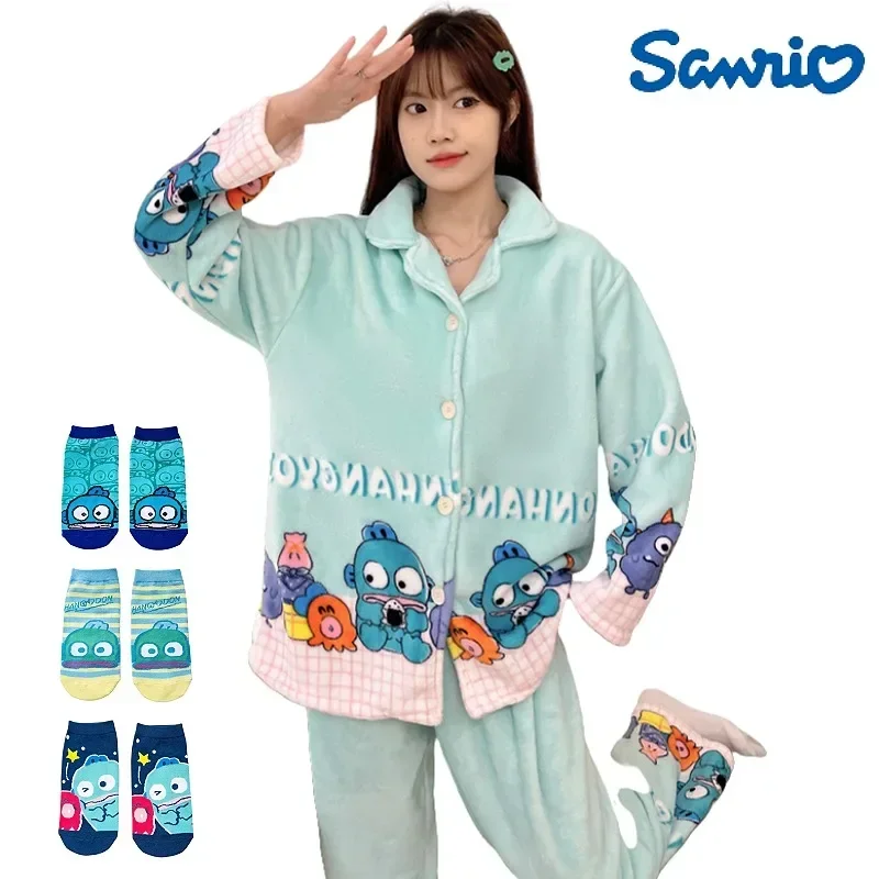 

Sanrio Hangyodon Fleece Pyjama Set Cute Cartoon Thickened Home Clothes Long Sleeves Long Pants Bedroom Family Holiday Gift Socks
