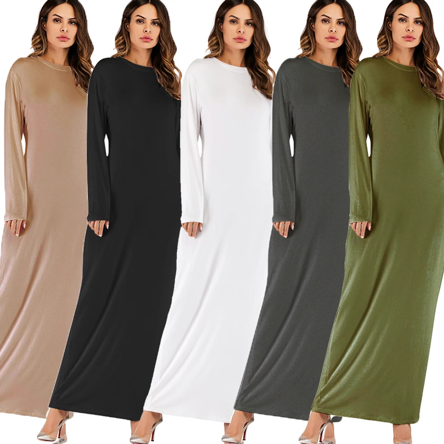 Women's Fashion Muslim Inner Dress Long Sleeve Comfortable Round Neck Abayas For Women Robe Bottoming Modal Cotton Dress Female