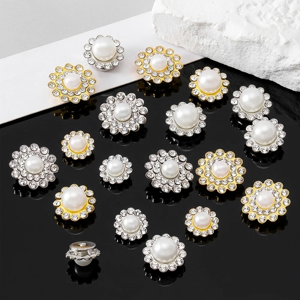 50Pcs White Pearl Rhinestone Beads Silver Gold Claw Crystal Sunflower Sewing on Rhinestone DIY Hair Clip Clothing Jewelry Making
