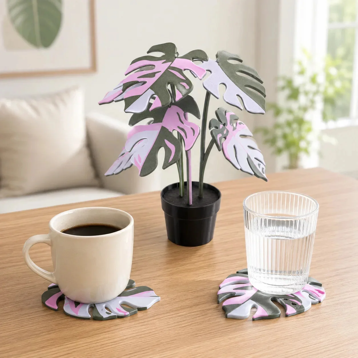 Fake Plant Coaster Split Leaf Printed Indoor Living Room Office Home Decoration Cup Mat White Green Dark Green Gift