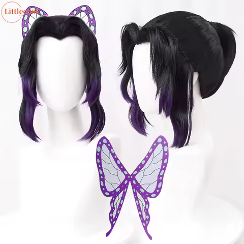 High Quality Kochou Shinobu Kocho Cosplay Wig 35cm Black Purple Pigtail Heat Resistant Synthetic Hair Anime Wigs + Wig Cap