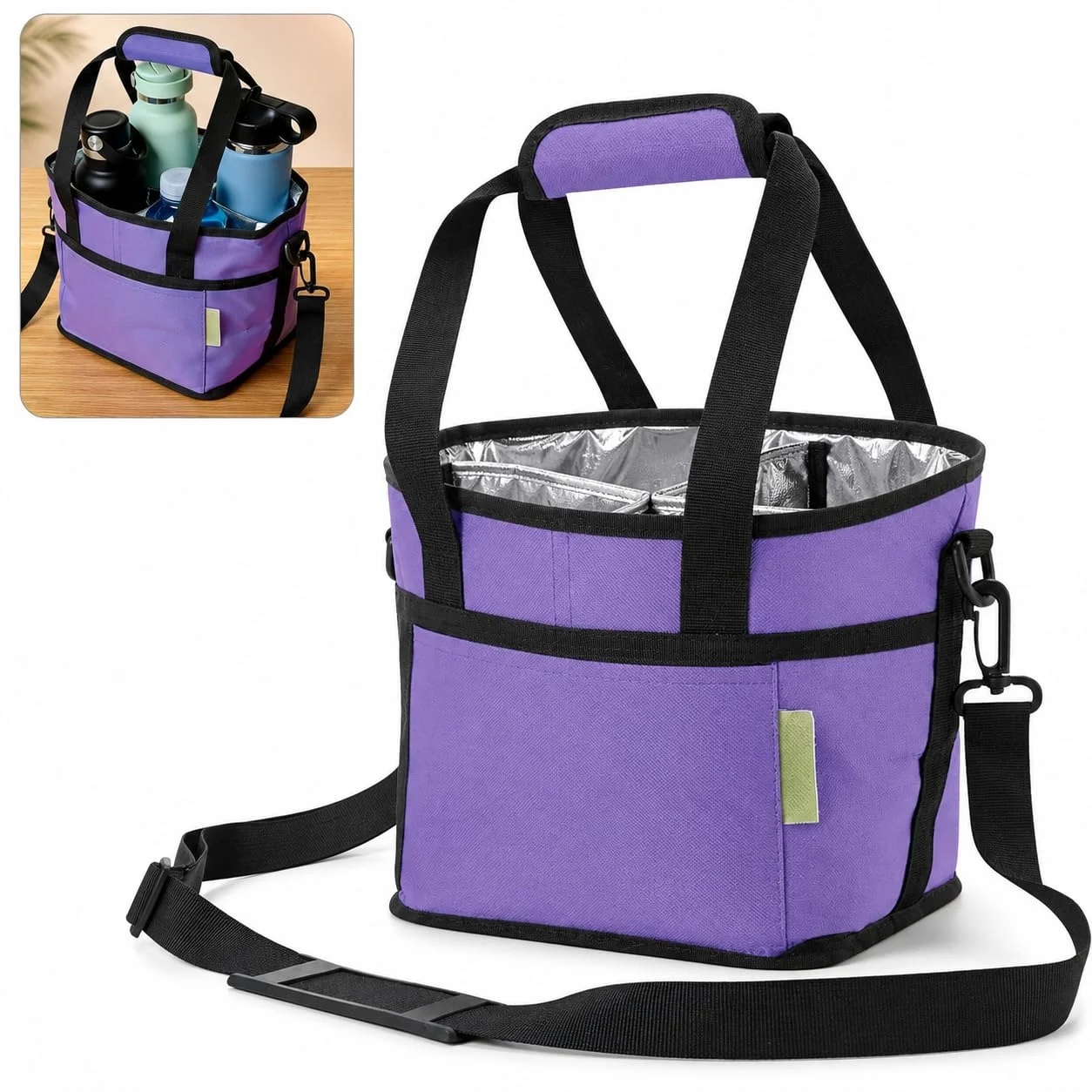 Insulated Water Bottle Holder With Shoulder Strap Reusable Drink Bag Hands Free 4-Compartment Drink Holder Hot Drinks