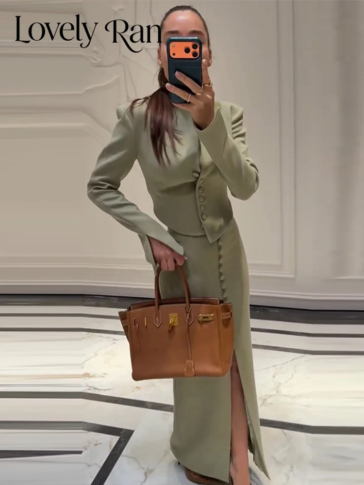 Elegant Women Office Set Stand Collar Single Breasted Crop Female Coat And Long Package Hip Split Lady Streetwear 2026 Autumn